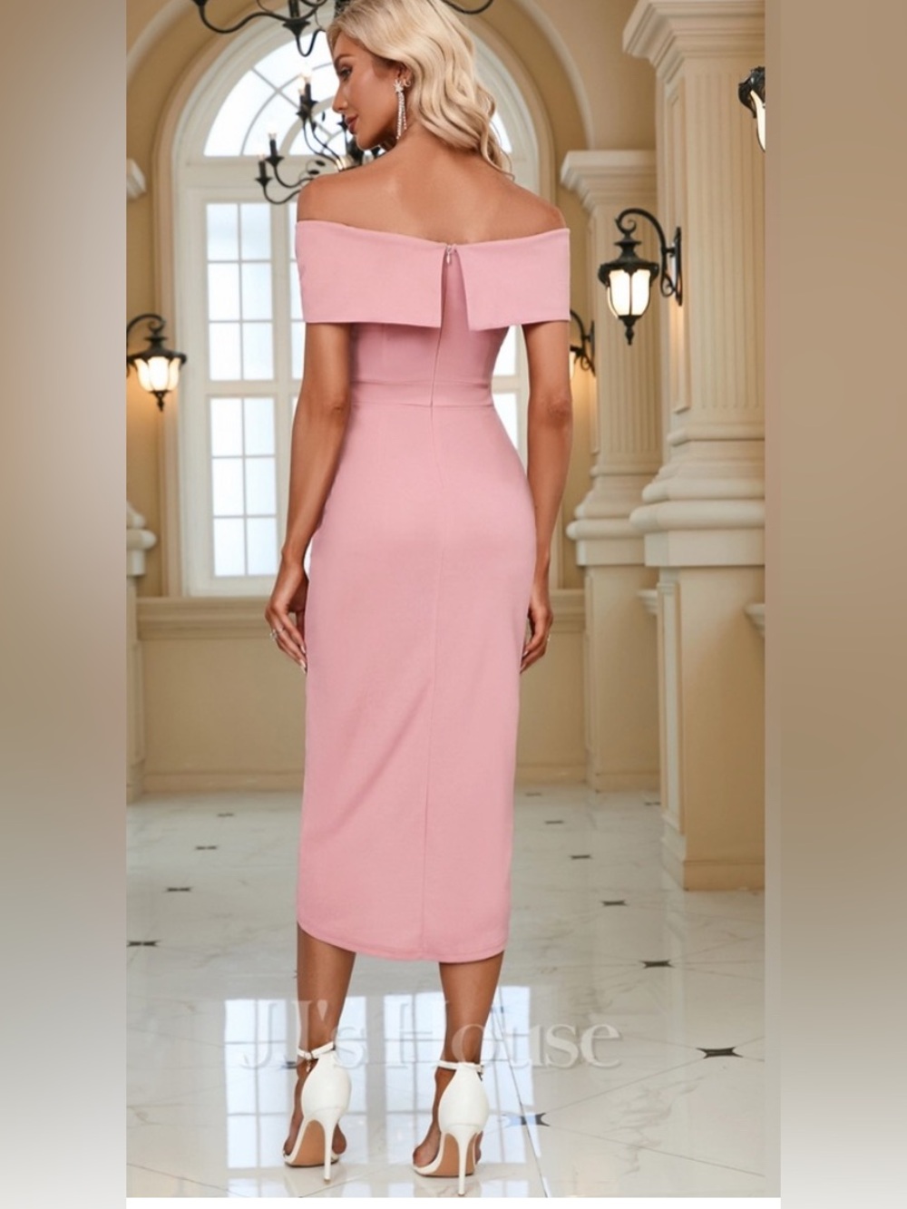 JJ's House NWT Pink Off the Shoulder Asymmetrical Wrap Midi Dress - Picture 2 of 6